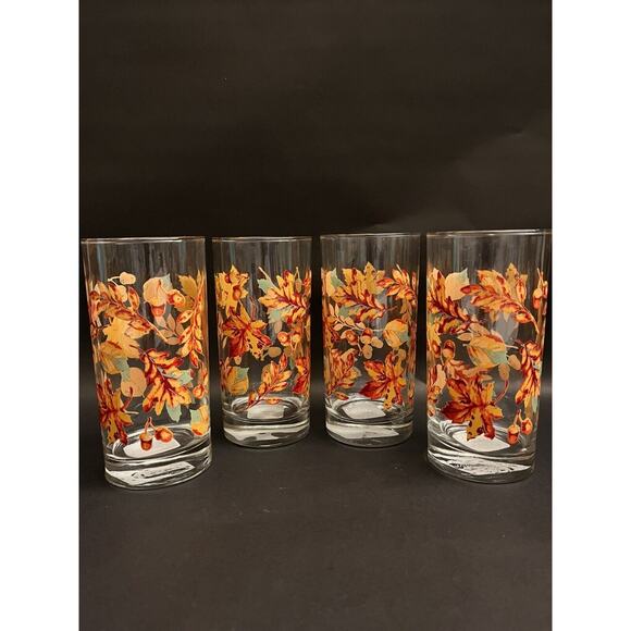 5 Drinking Glasses Fall Autumn Leaf Acorn Greenbrier Int'l Orange Green Yellow - Picture 1 of 5